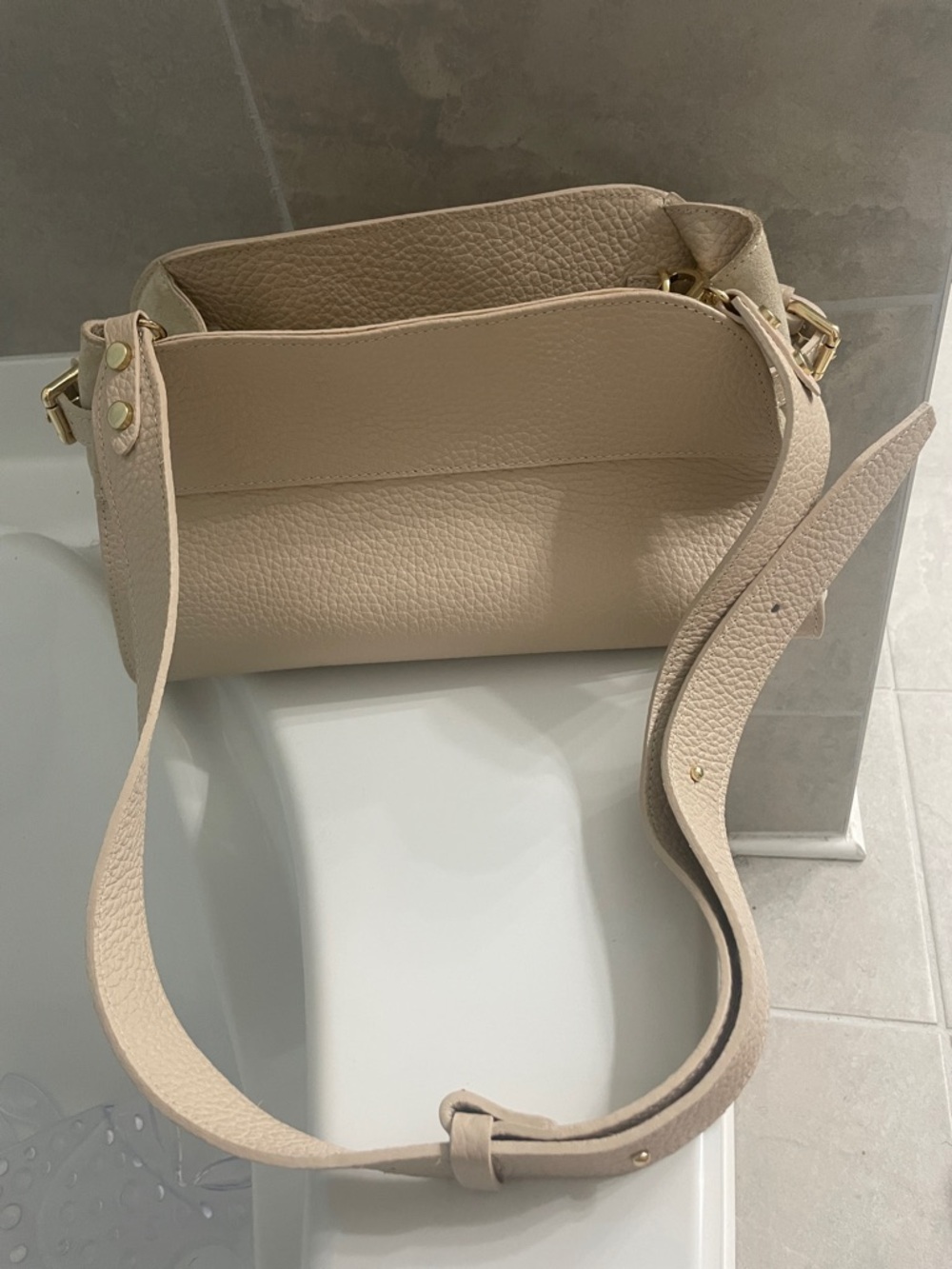 Textured Crossbody Bag in Light Beige with Gold Hardware